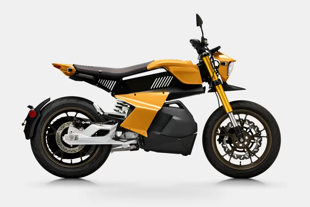 A yellow and black motorcycle is shown against a white background.