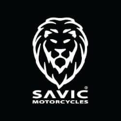 A stylized lion head logo in white with "Savic Motorcycles" text beneath it, set against a black background.