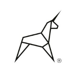 An abstract black line drawing of a unicorn with a geometric design, featuring sharp angles and a pointed horn. A small registered trademark symbol appears near the image.