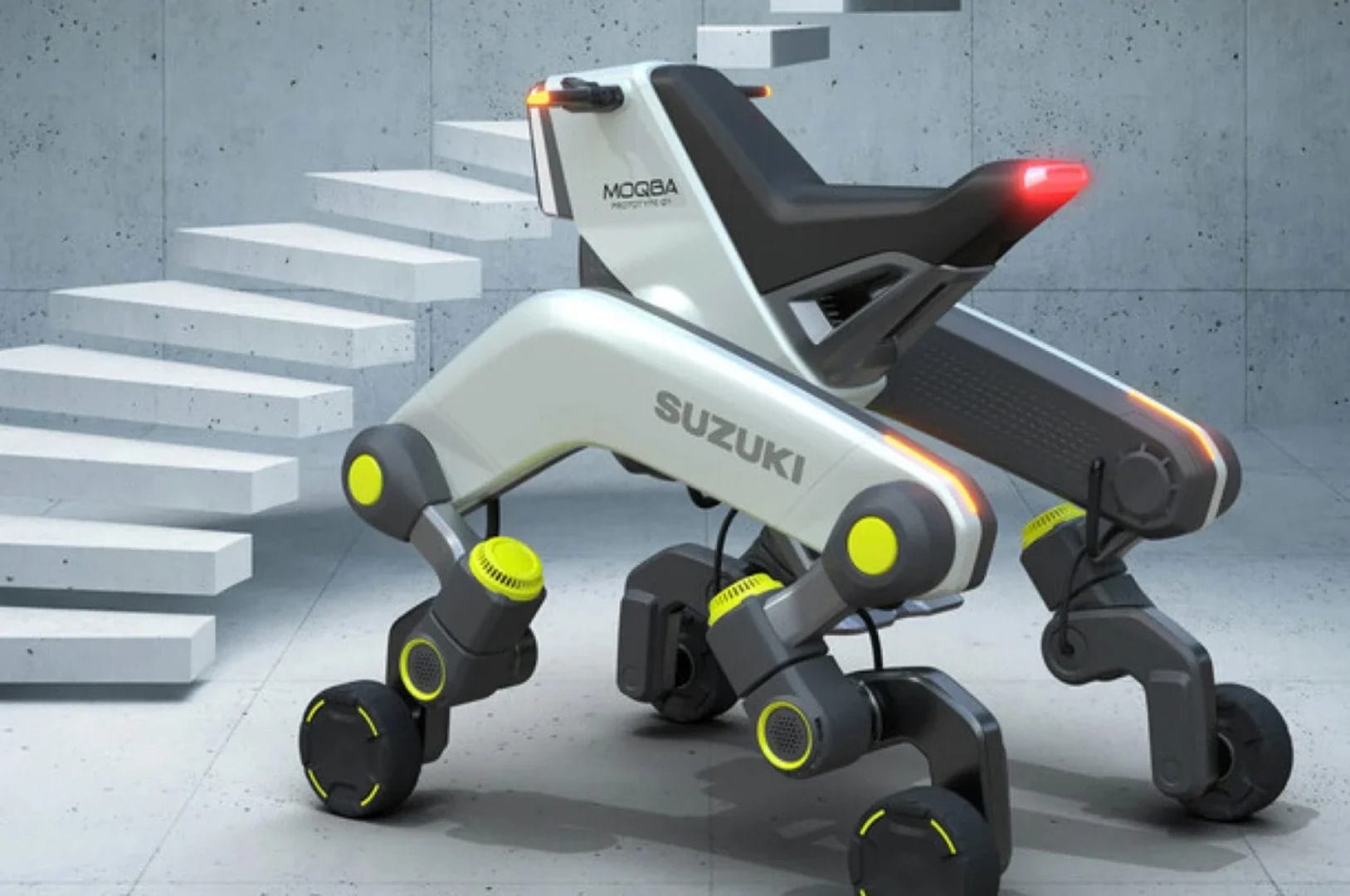 A concept design of a futuristic Suzuki mobility device with four robotic legs, labeled "Mocba Autonomus," is positioned on a concrete surface near a set of white stairs.