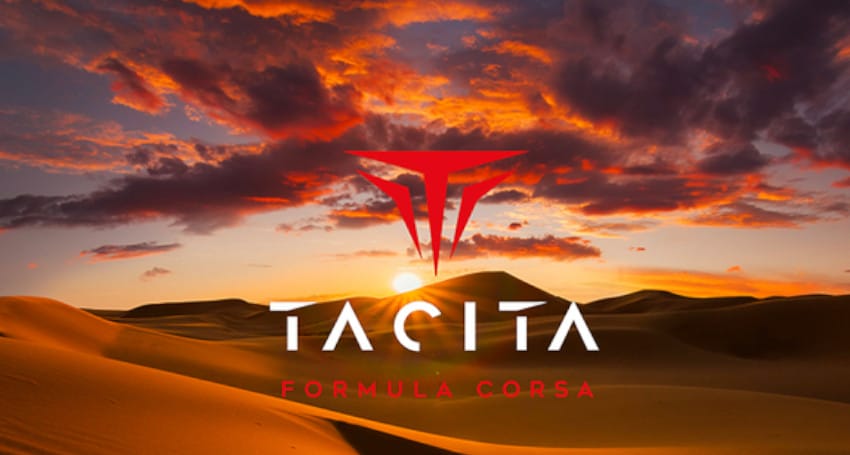 A logo for Tacita Formula Corsa with a red symbol above the company's name is set against a desert landscape with a dramatic sunset sky.