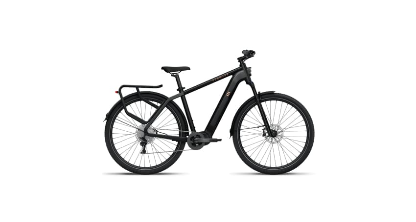 A black electric bicycle with a step-over frame, disk brakes, fenders, and a rear rack is shown against a white background.