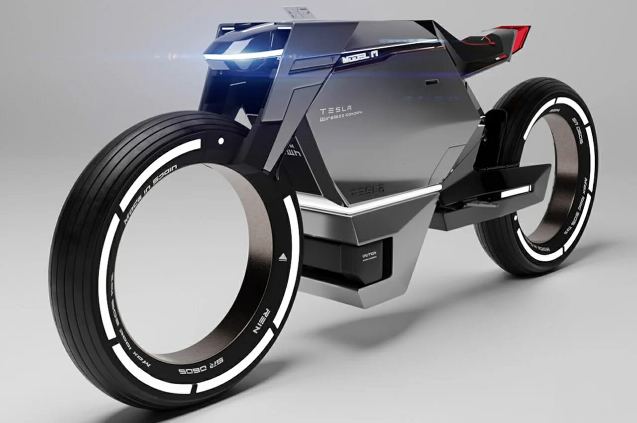 A futuristic motorbike design featuring a sleek, black frame with enclosed wheels, sharp angles, and LED lights on the front. The bike is labeled "Tesla Model M" on the side.