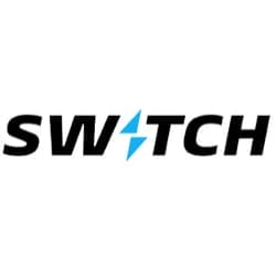 The image shows the word "SWITCH" in black capital letters with a blue lightning bolt symbol replacing the letter "I.