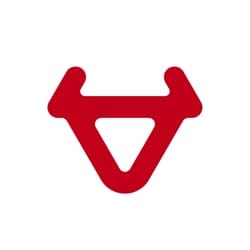 A red, abstract logo resembling a stylized bull's head with horns, featuring two upward-pointing elements and a downward-pointing triangle.