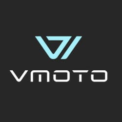 Logo of Vmoto, displaying light blue stylized "V" above the white text "VMOTO" set against a black background.