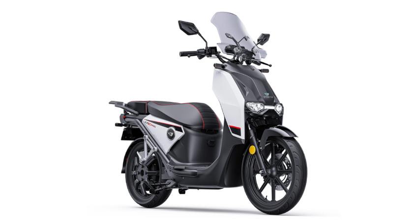 A black and white electric scooter with a windshield, mirrors, and a red-accented seat. It boasts a sleek, modern design with visible front and rear suspension components, and comes equipped with a superfast charging battery.