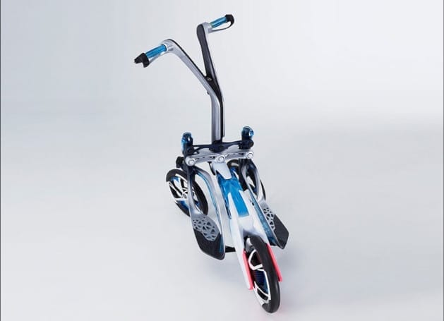 A blue and white tricycle on a simple white background.