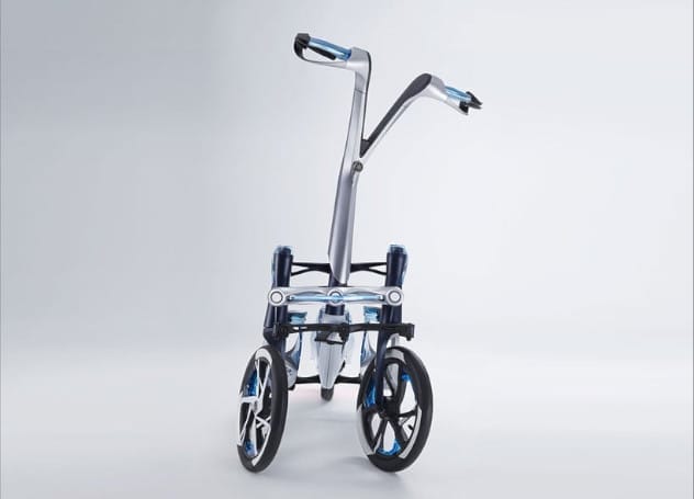 A blue and black Personal Mobility walker with wheels on a white background.