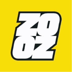 Stylized text "ZOOZ" in white with black shadows on a yellow background.