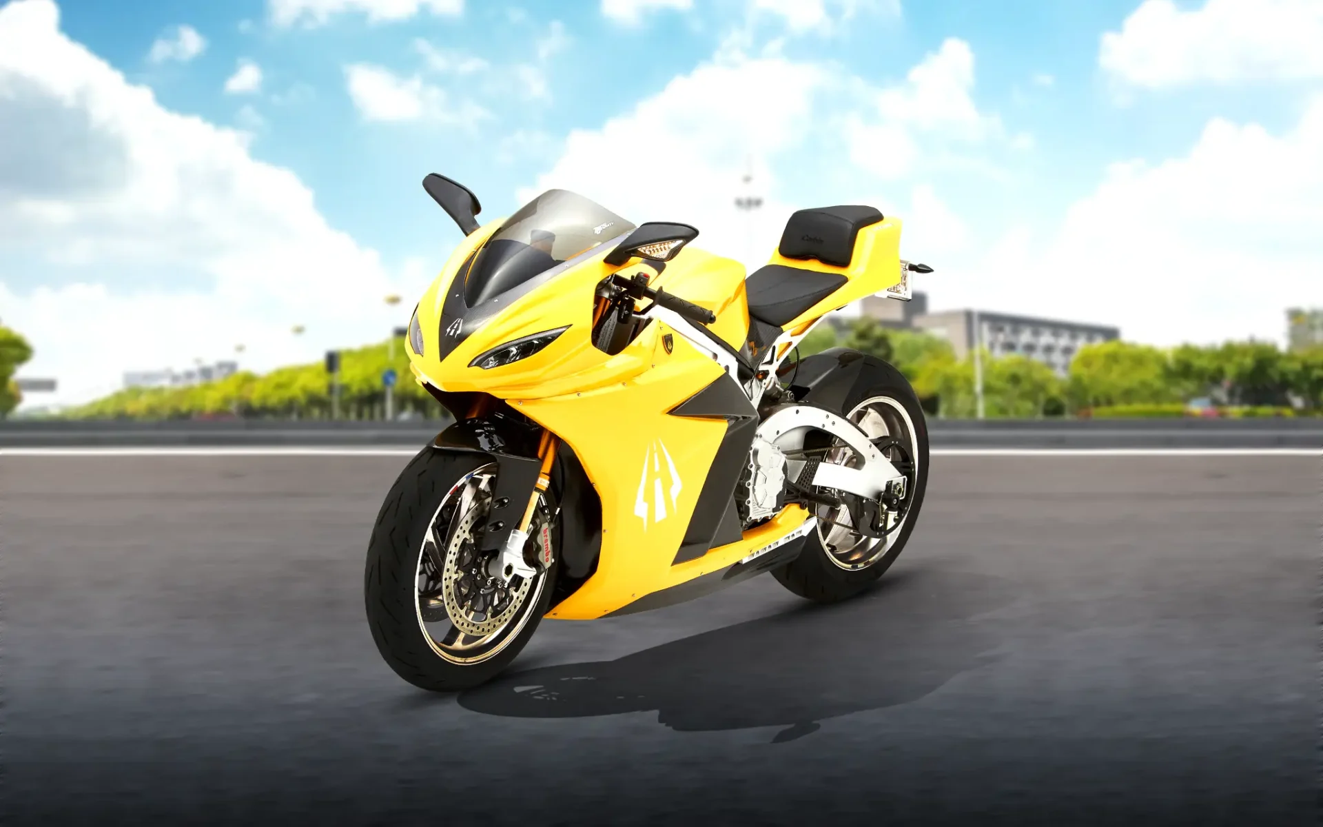 A yellow sports motorcycle is parked on a paved road with a blurry cityscape and bright blue sky in the background.