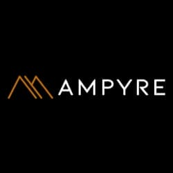 A logo with a black background, featuring the word "AMPYRE" in white text and an angular, orange graphic resembling two connected triangles to the left of the text.