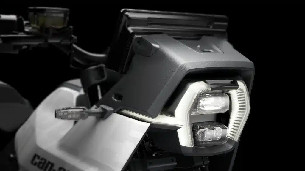 A detailed shot of the motorcycle's headlight.