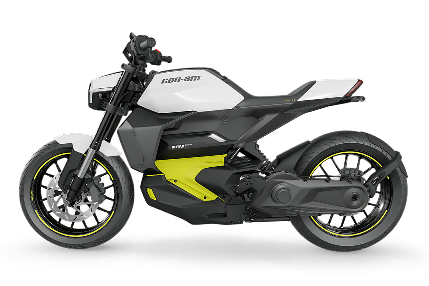 Side view of a modern white and black motorcycle with yellow accents, labeled "Can-Am." The bike features a sleek design with large tires and a minimalist body.