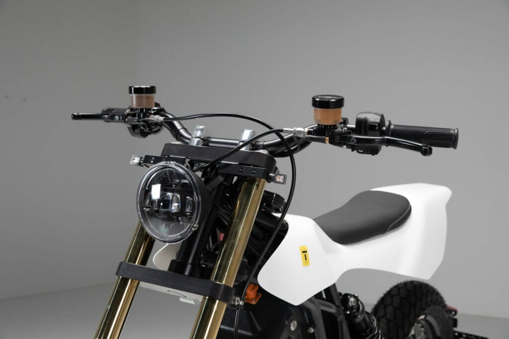 A white electric motorcycle.