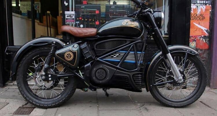 Royal Enfield's first electric motorcycle parked in front of a store.