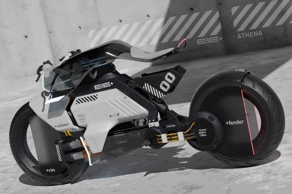 A futuristic motorcycle is parked in front of a concrete wall.