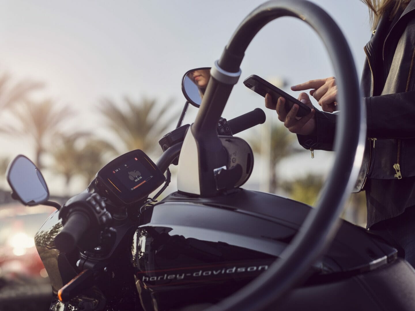 A person standing beside a black Harley-Davidson motorcycle, using a smartphone. The motorcycle is parked, and there are palm trees in the background.