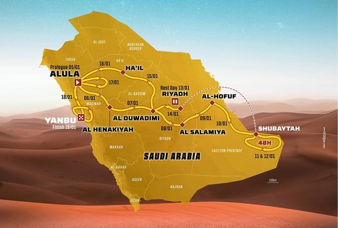 A map showing the route of the rally in saudi arabia.