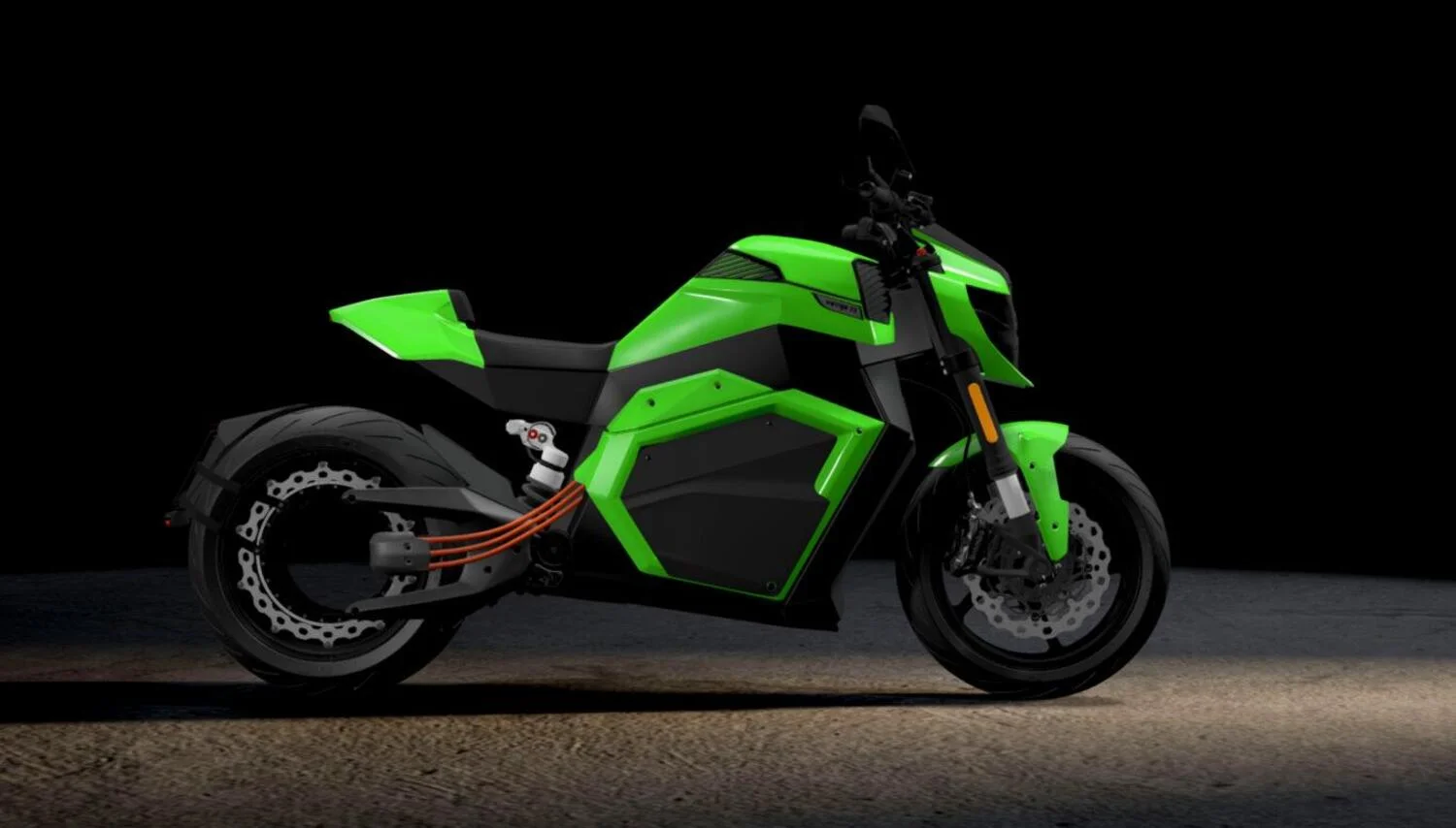 A neon green and black electric motorcycle is parked against a dark background.