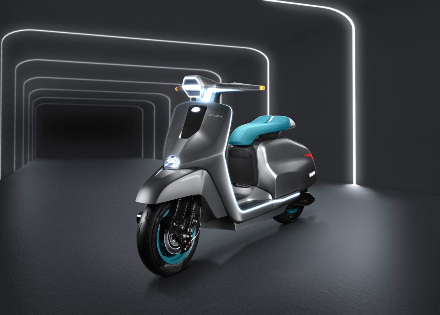 A modern electric scooter with a sleek grey body, turquoise seat, and illuminated accents is showcased in a dark tunnel with white, glowing linear lights.