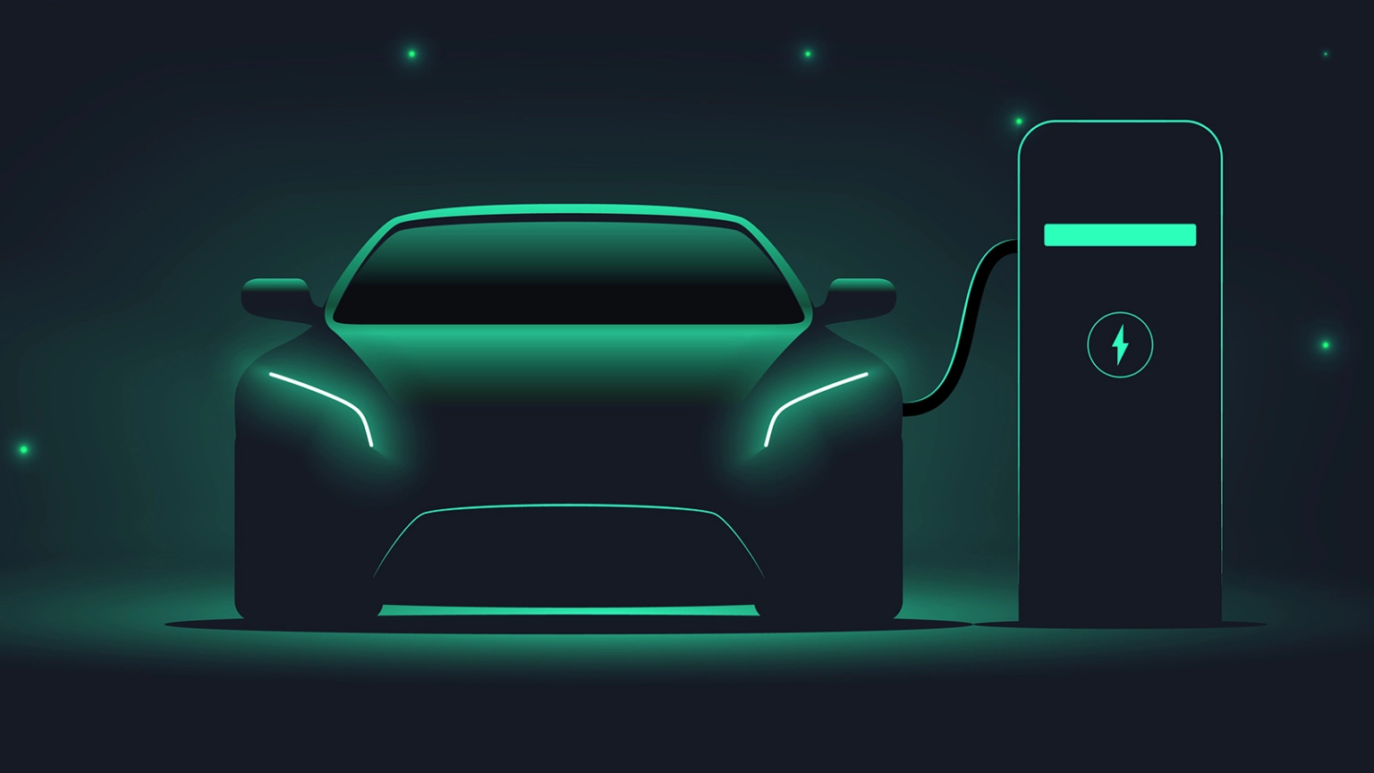 An electric car is plugged into a charging station, depicted in a glowing green outline against a dark background.