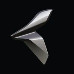 A metallic abstract shape against a dark background, resembling a stylized bird in flight.