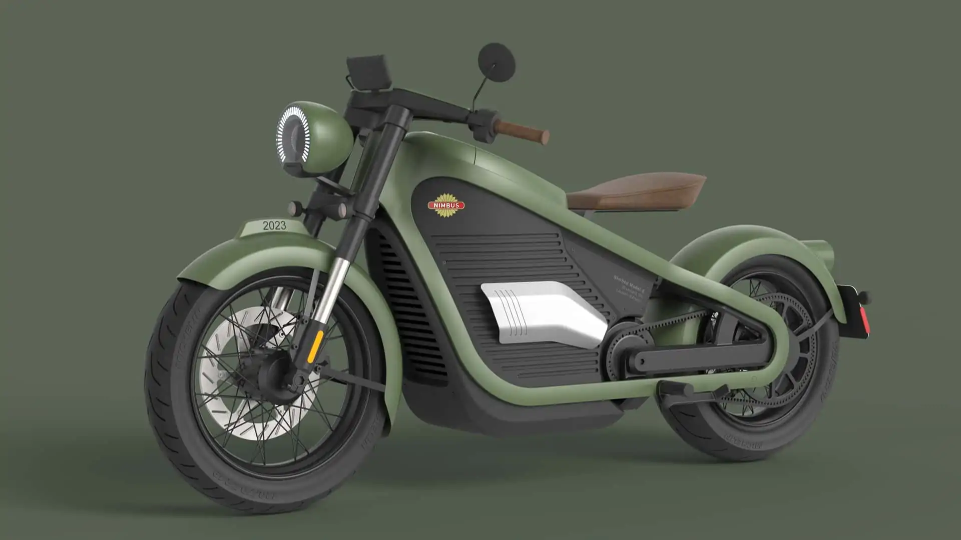 A green electric motorcycle with a minimalist design, large front wheel, and brown seat is displayed on a green background. The motorcycle features a circular headlight and a 2023 insignia on the fender.