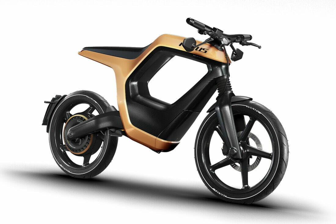 A sleek electric bike with a futuristic design featuring a gold and black color scheme, streamlined frame, and thick tires.