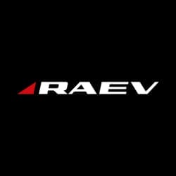 Black background with white 'RAEV' text. The letter 'A' features a red triangular design on its left side.