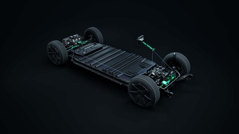 Elon Musk's vision of a green Tesla Cybertruck on a sleek black background.