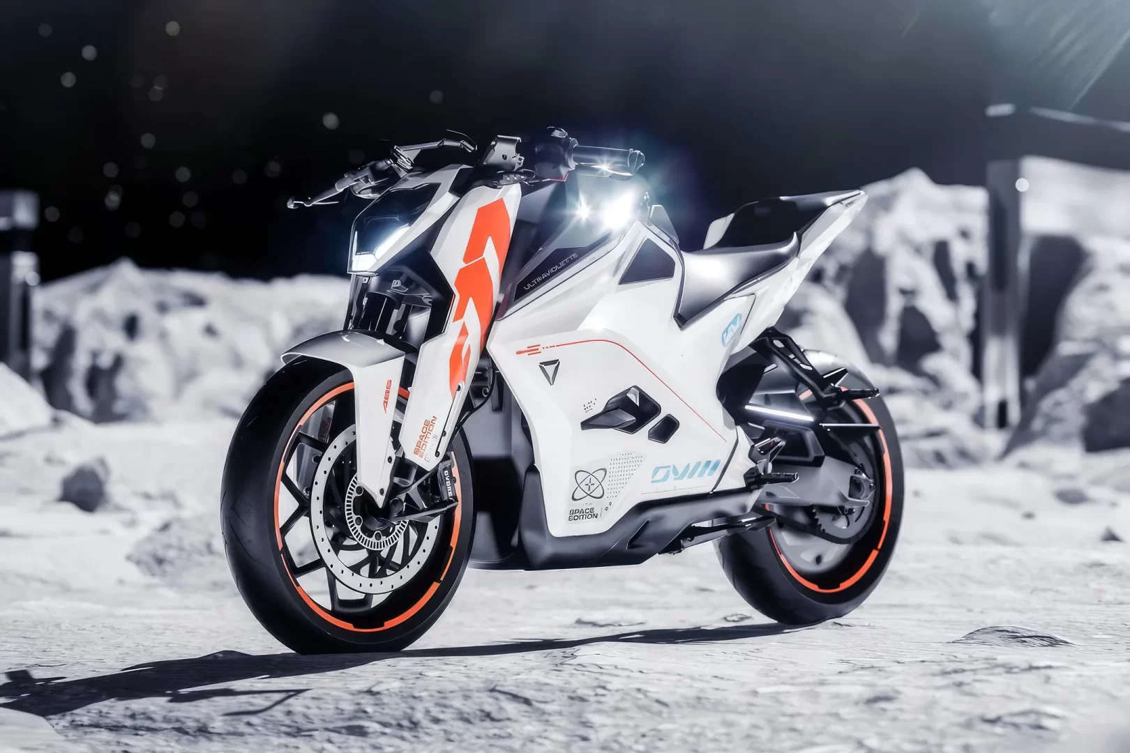 A futuristic motorcycle with a sleek white body and orange accents is parked on a rocky, moon-like terrain under a starry sky.