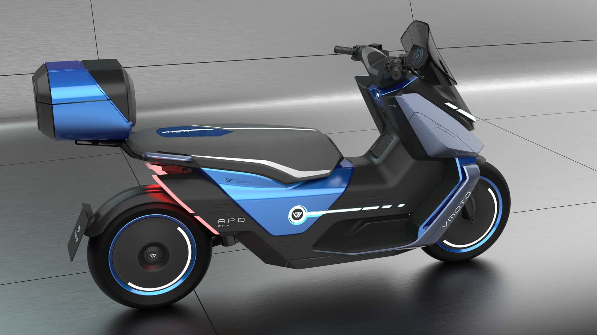 A futuristic blue and black electric scooter with an aerodynamic design, fitted with a storage box at the rear, parked indoors on a sleek reflective floor.